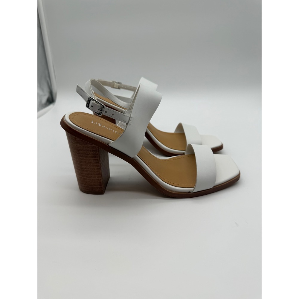 Lisa Vicky Womens White Leather Block Heel Square Toe Ankle Strap Sandals 7M